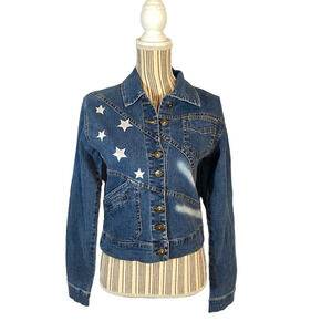 Angfu Blue Star Graphic Denim Button Front Jean Jacket Women Sz L